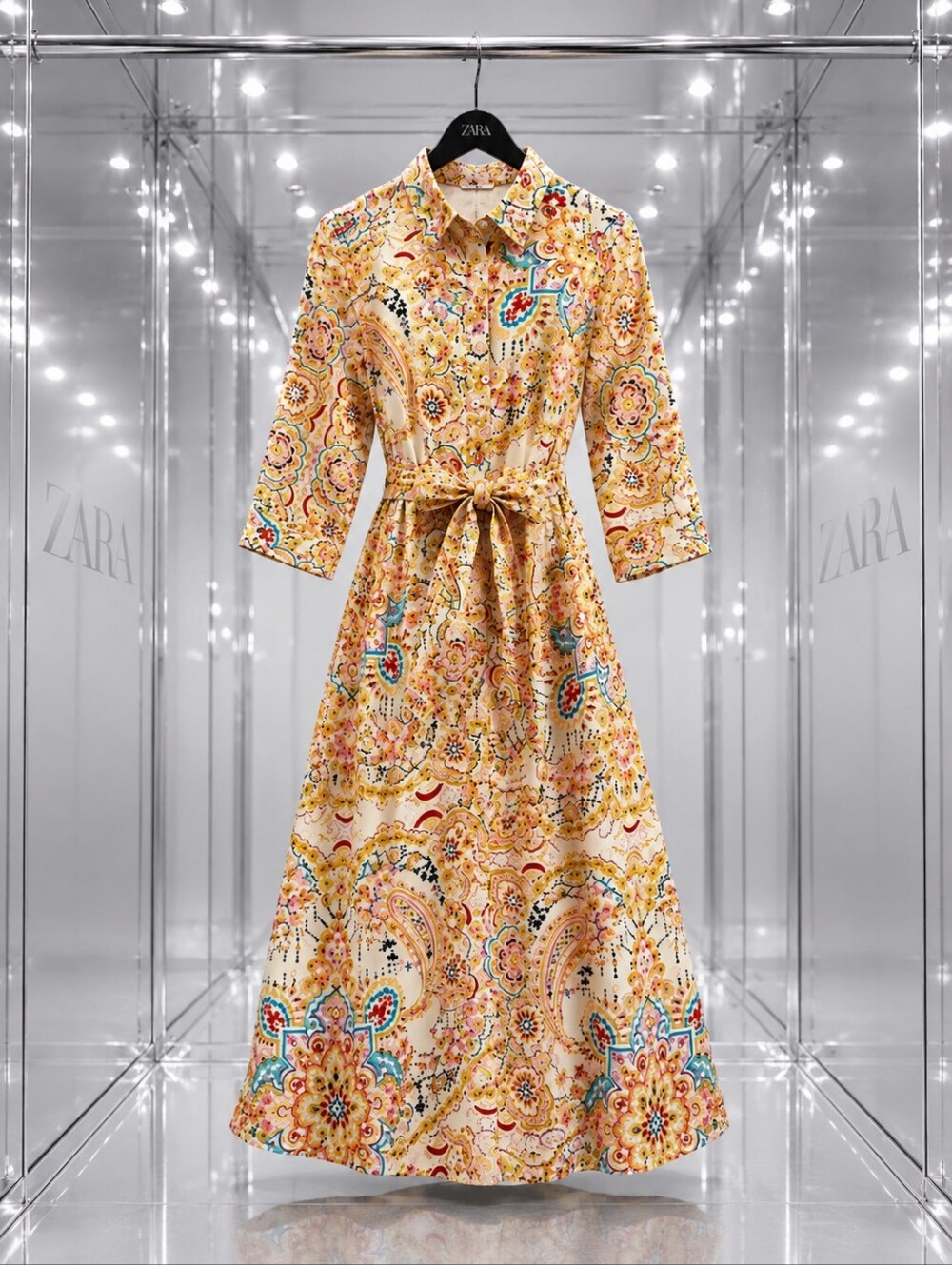 Zara Printed Midi Shirt Dress | Size Small | 100% Cotton | Belted